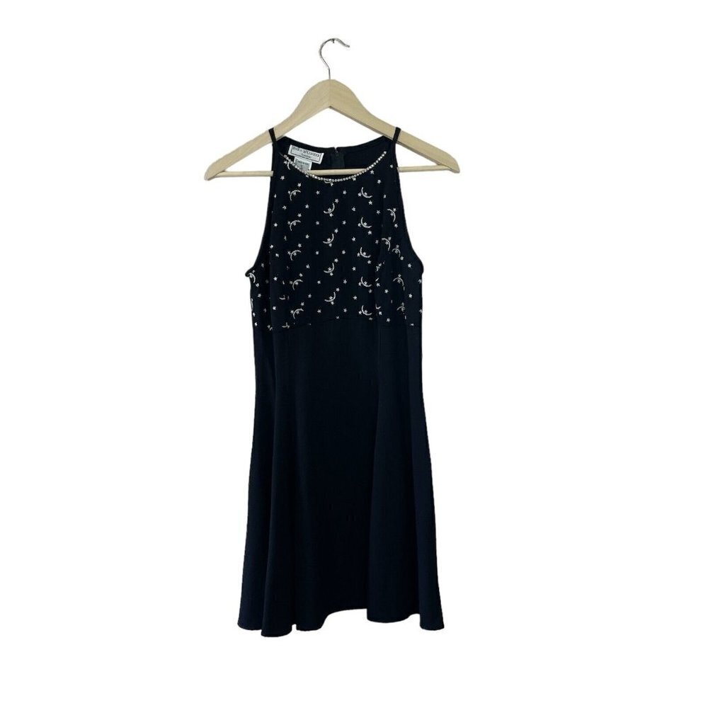 Vintage Jessica McClintock Gunne Sax 9 / 10 Dress Black Stars Moons Mini Womens